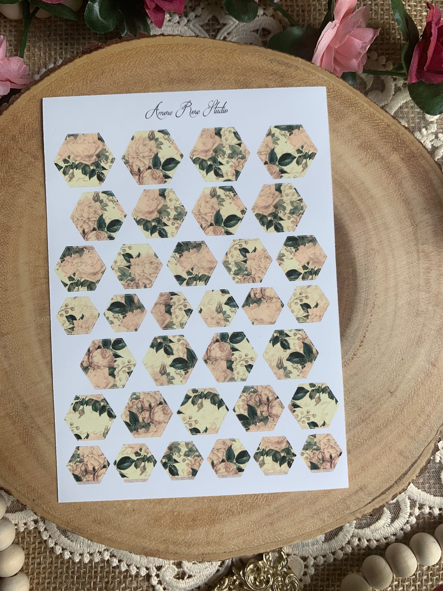 Vintage Floral Pattern Hexagons Sticker Sheet