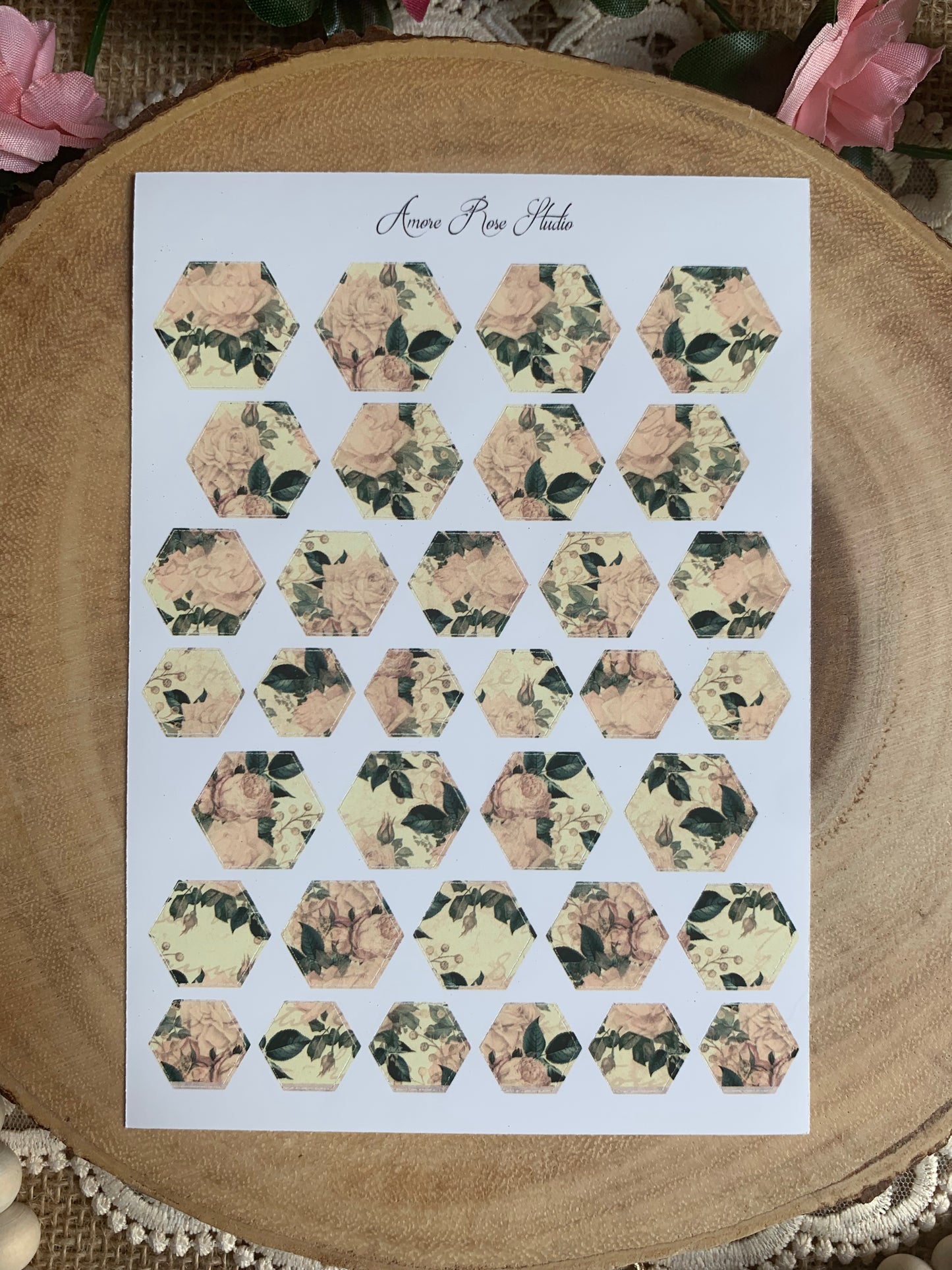 Vintage Floral Pattern Hexagons Sticker Sheet