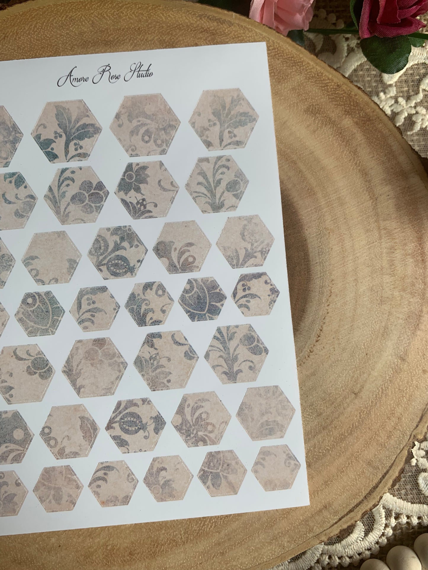 Vintage Blue Pattern Hexagons Sticker Sheet