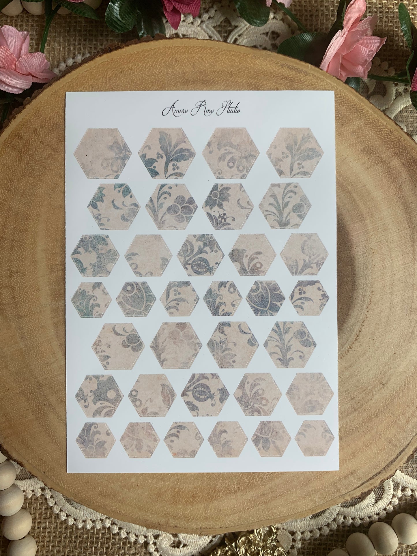 Vintage Blue Pattern Hexagons Sticker Sheet