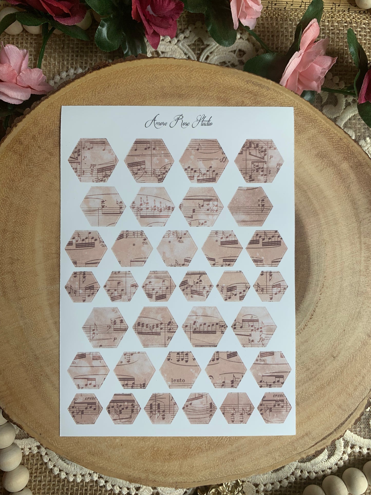 Vintage Music Notes Hexagons Sticker Sheet