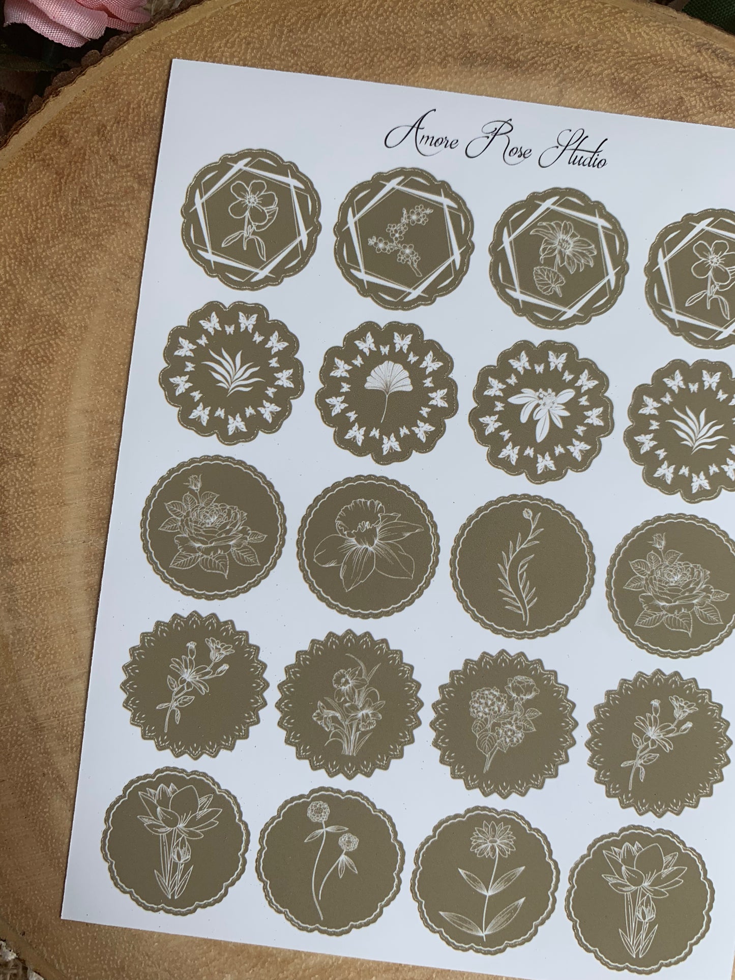 Green Or Brown Floral Shapes Sticker Sheet