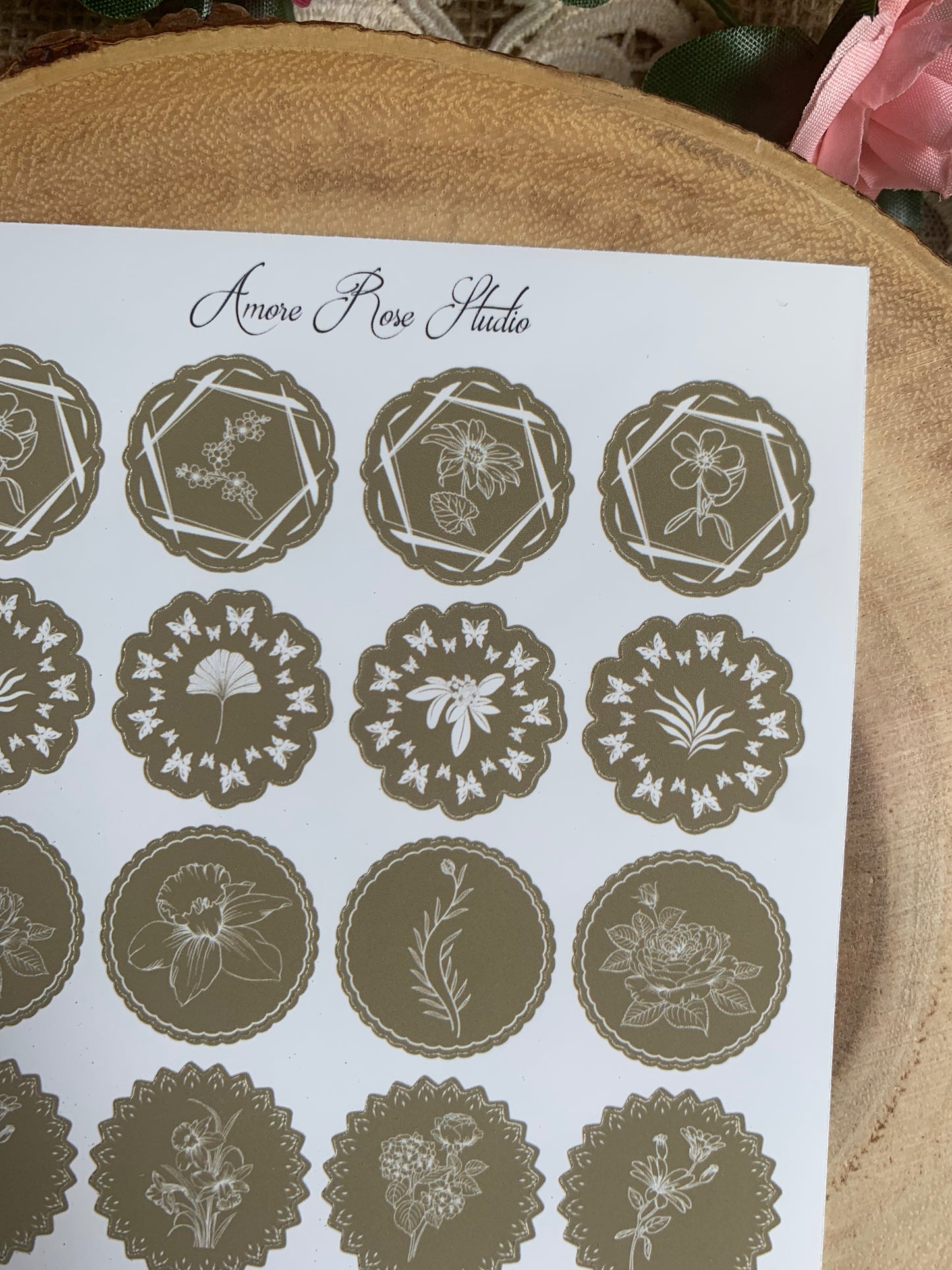 Green Or Brown Floral Shapes Sticker Sheet