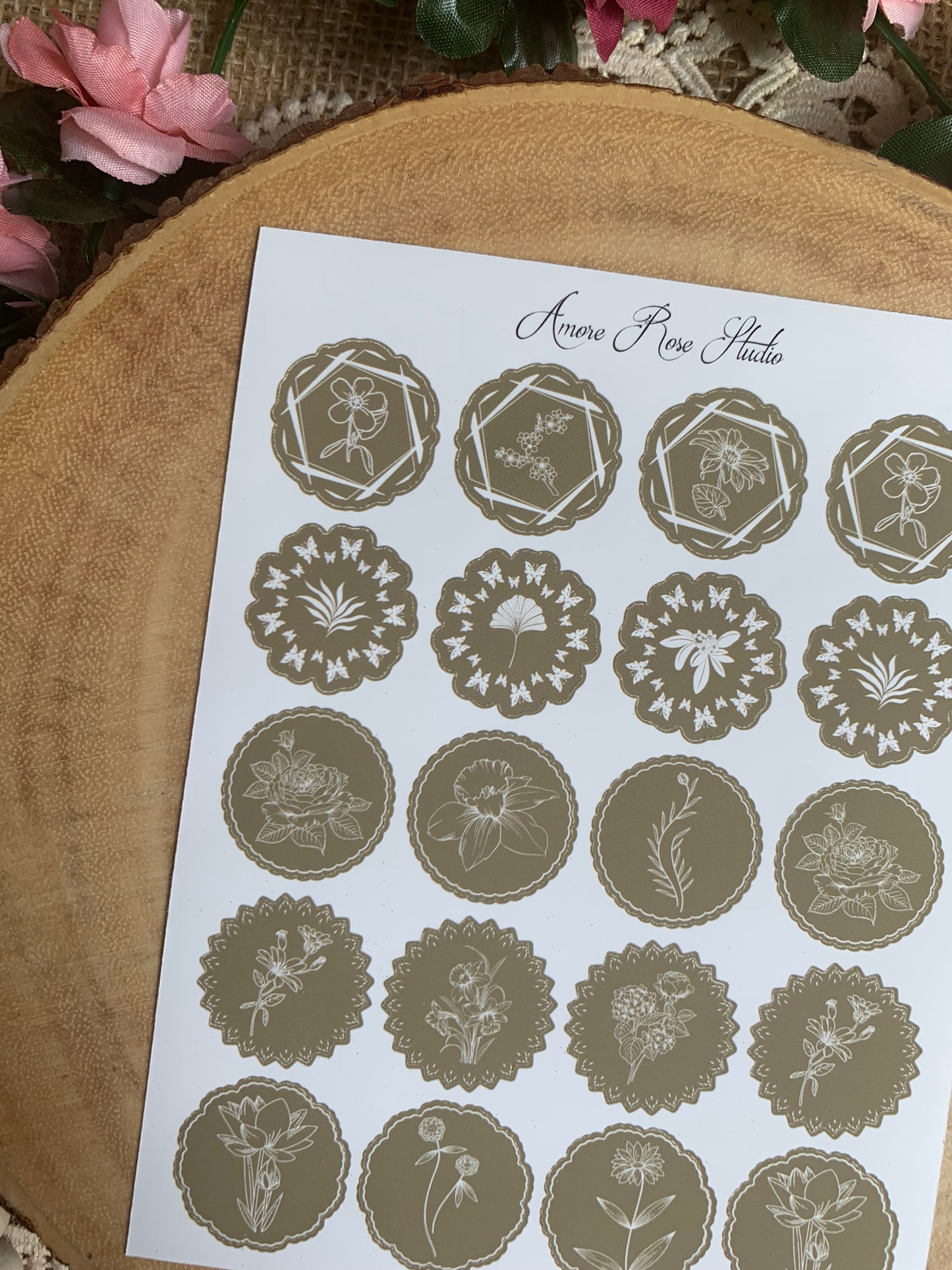 Green Or Brown Floral Shapes Sticker Sheet