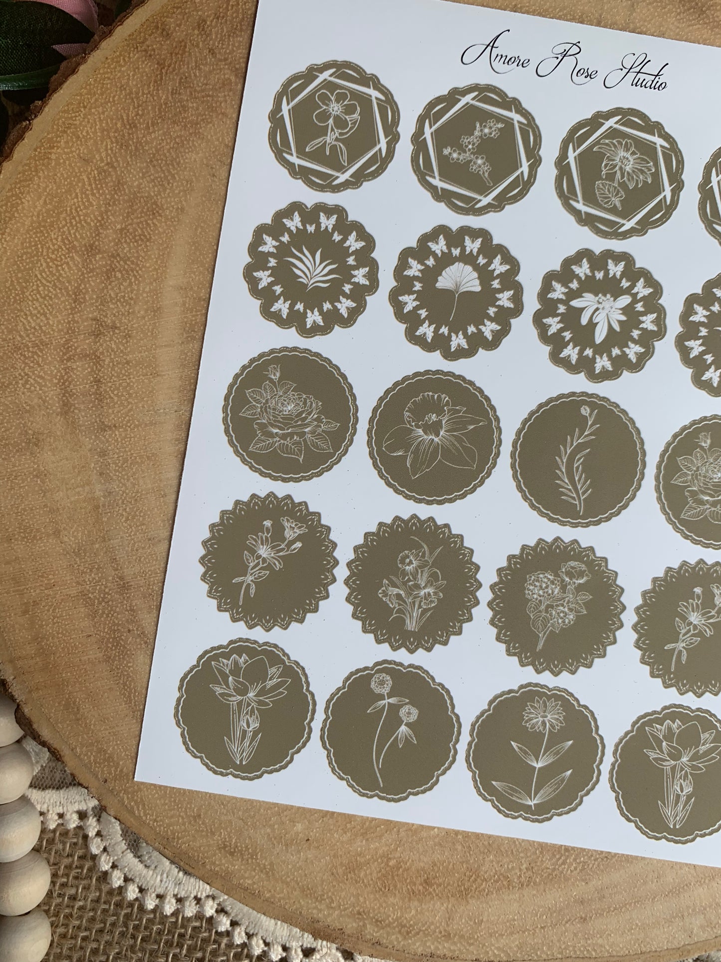 Green Or Brown Floral Shapes Sticker Sheet