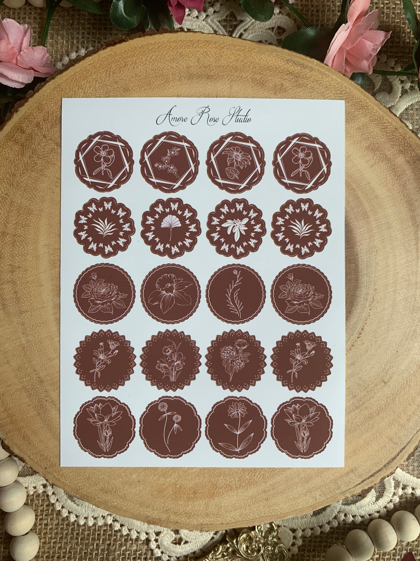 Green Or Brown Floral Shapes Sticker Sheet