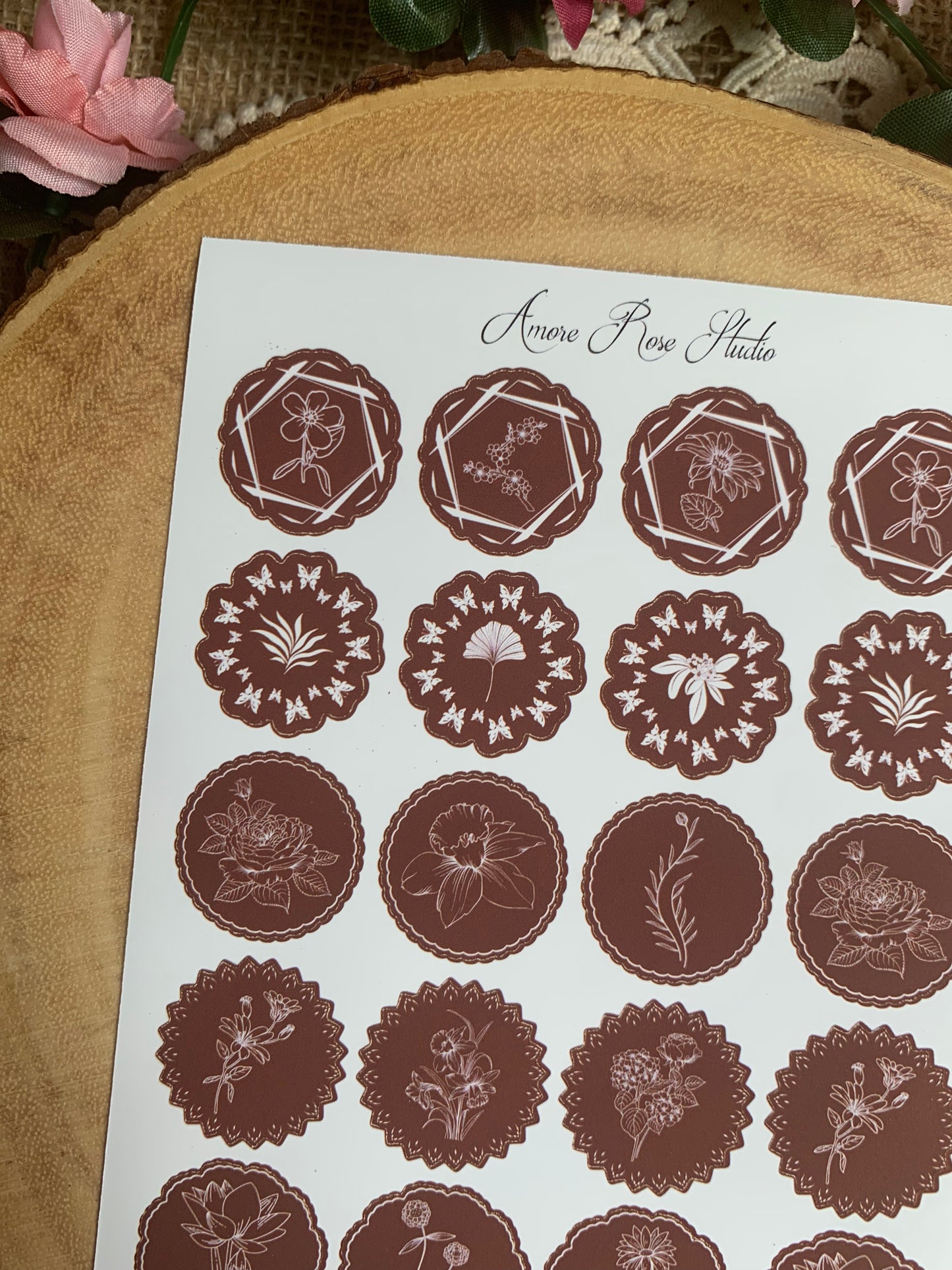 Green Or Brown Floral Shapes Sticker Sheet