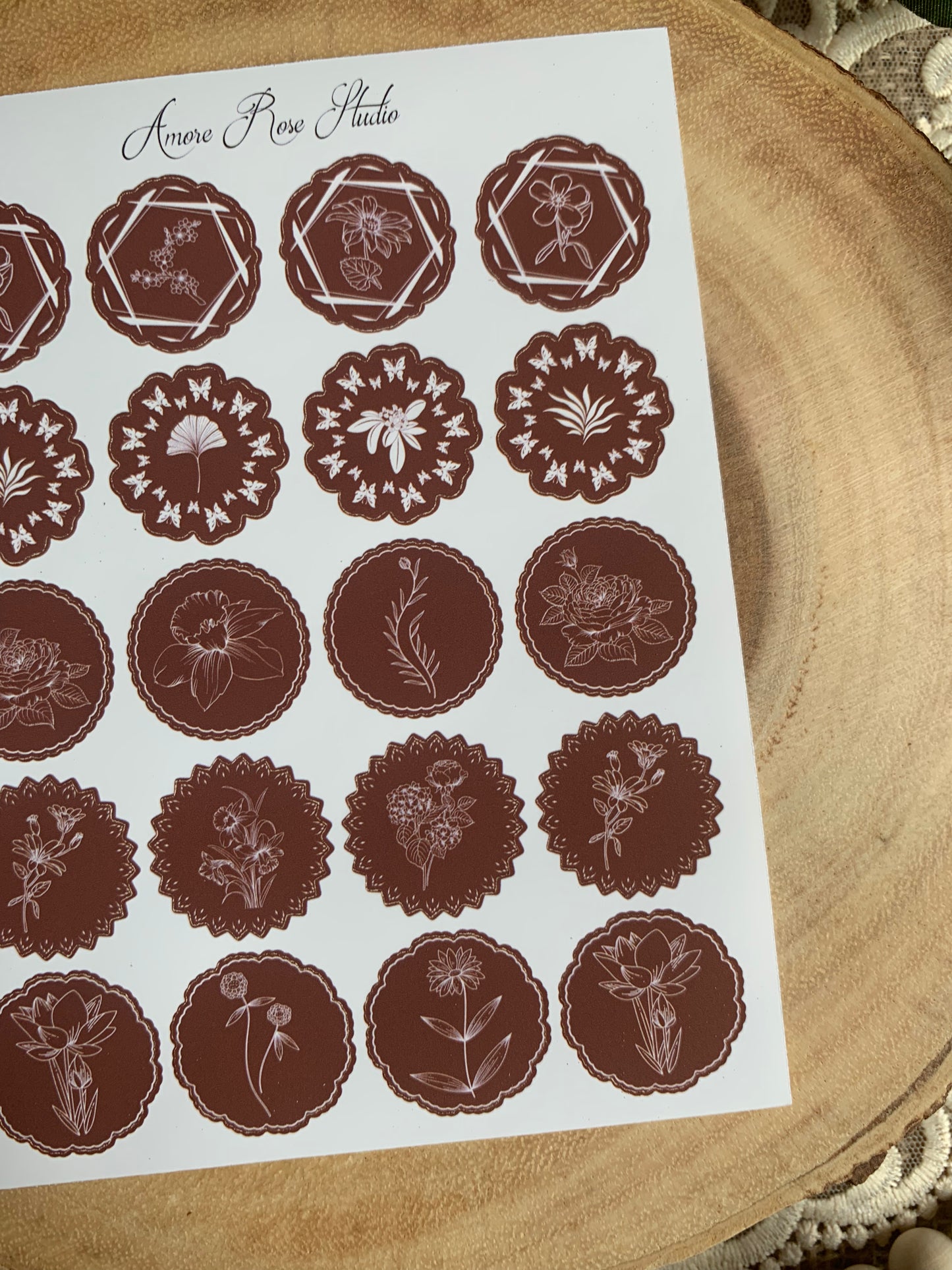 Green Or Brown Floral Shapes Sticker Sheet