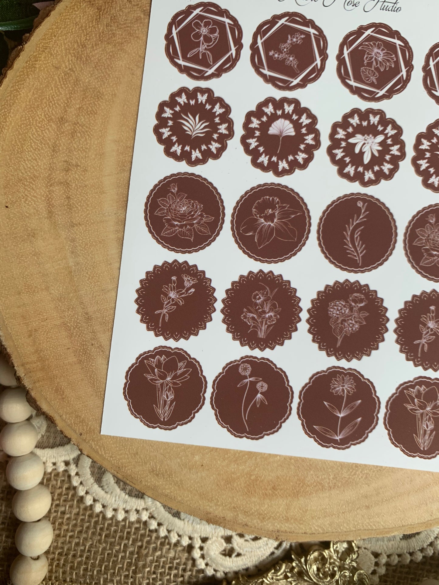 Green Or Brown Floral Shapes Sticker Sheet