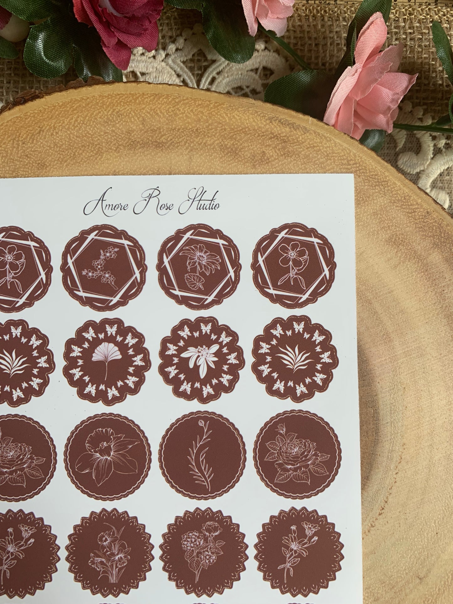 Green Or Brown Floral Shapes Sticker Sheet