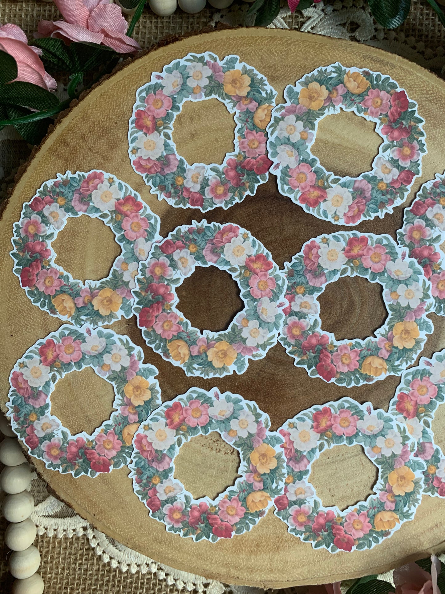 Vintage Floral Wreath Die Cut Stickers - 10 Pack