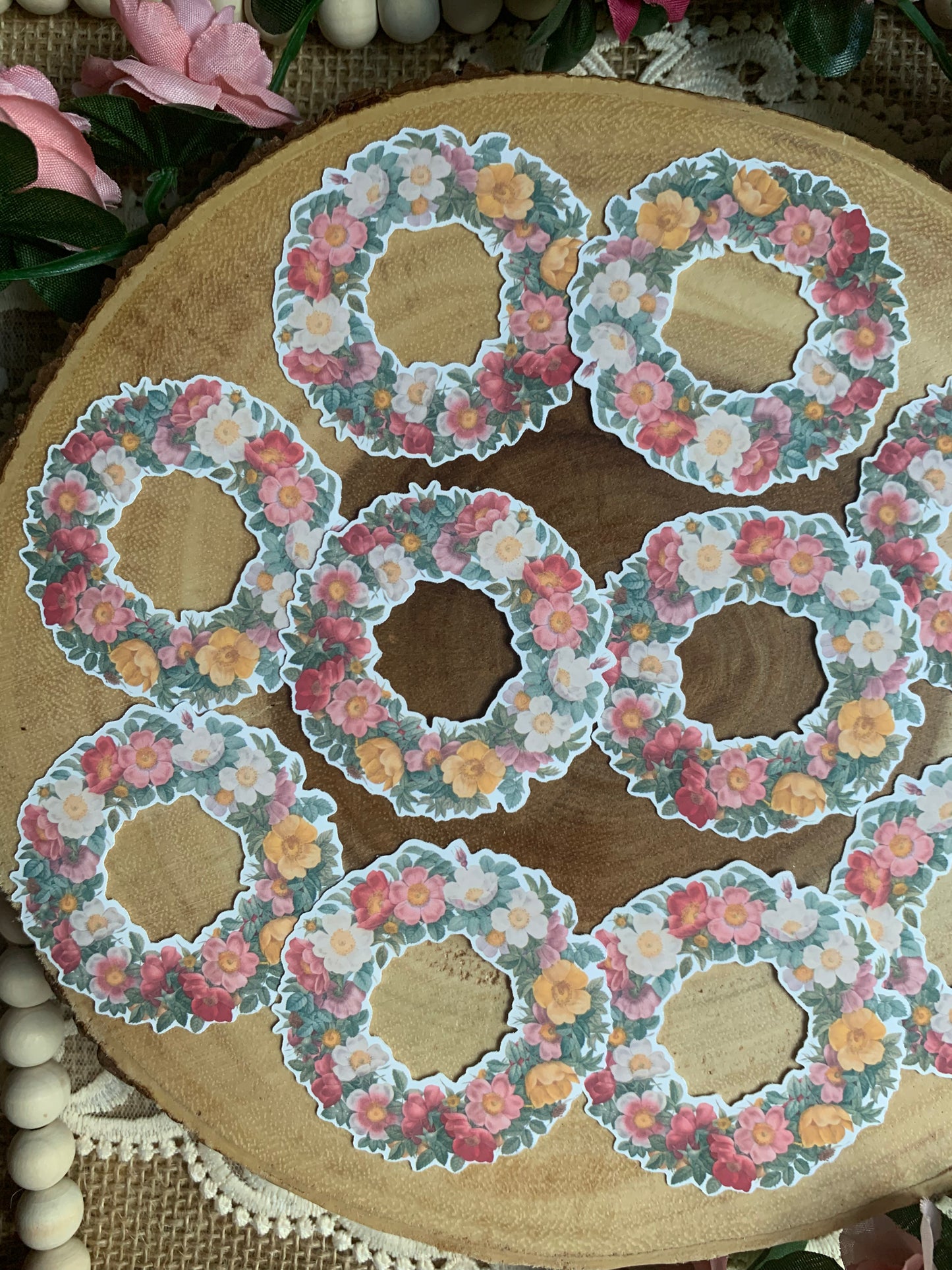 Vintage Floral Wreath Die Cut Stickers - 10 Pack