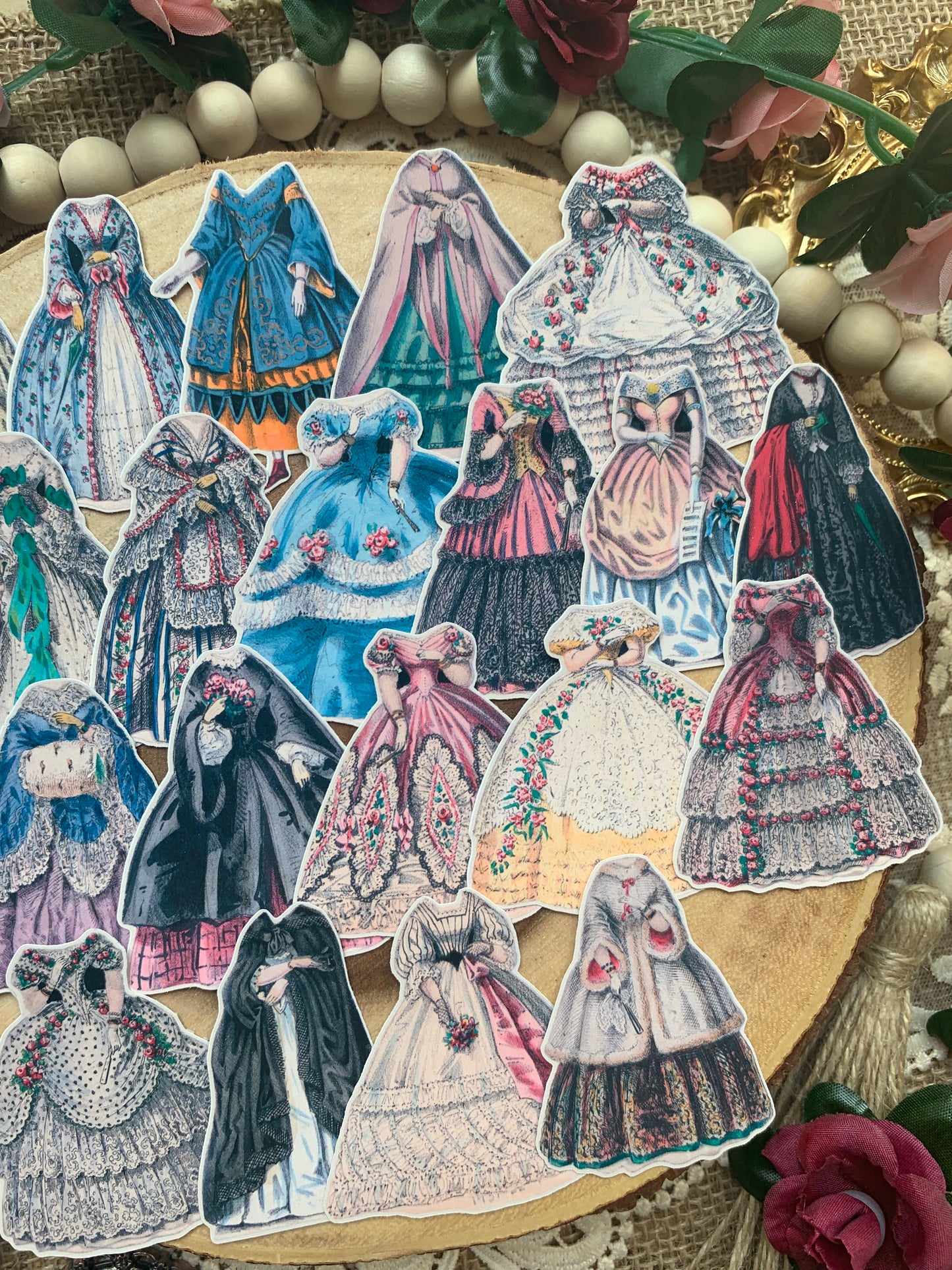 Vintage Paper Doll Outfits Die Cut Stickers - 22 Pack