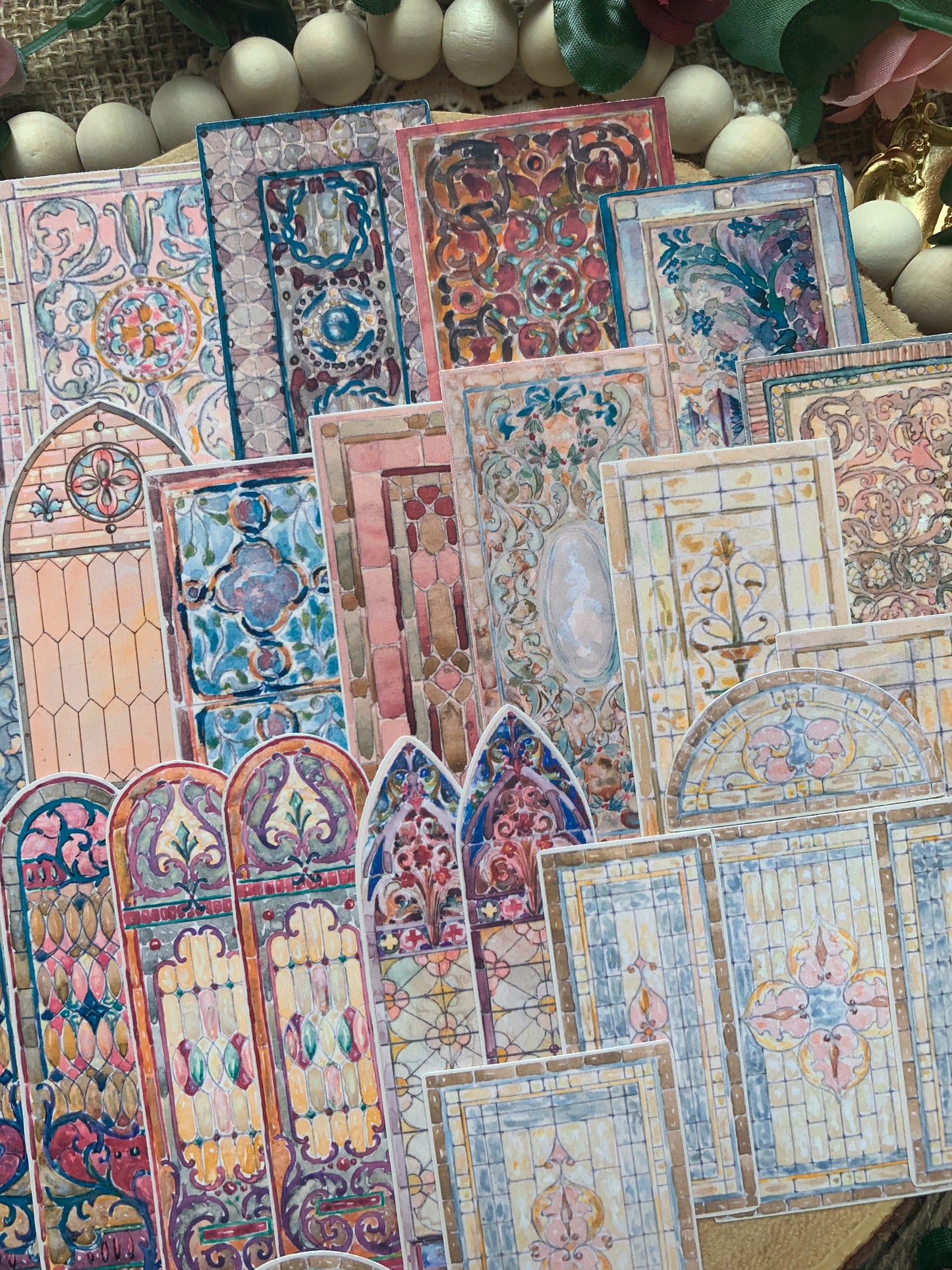 Vintage Stained Glass Drawings Die Cut Stickers - 27 Pack