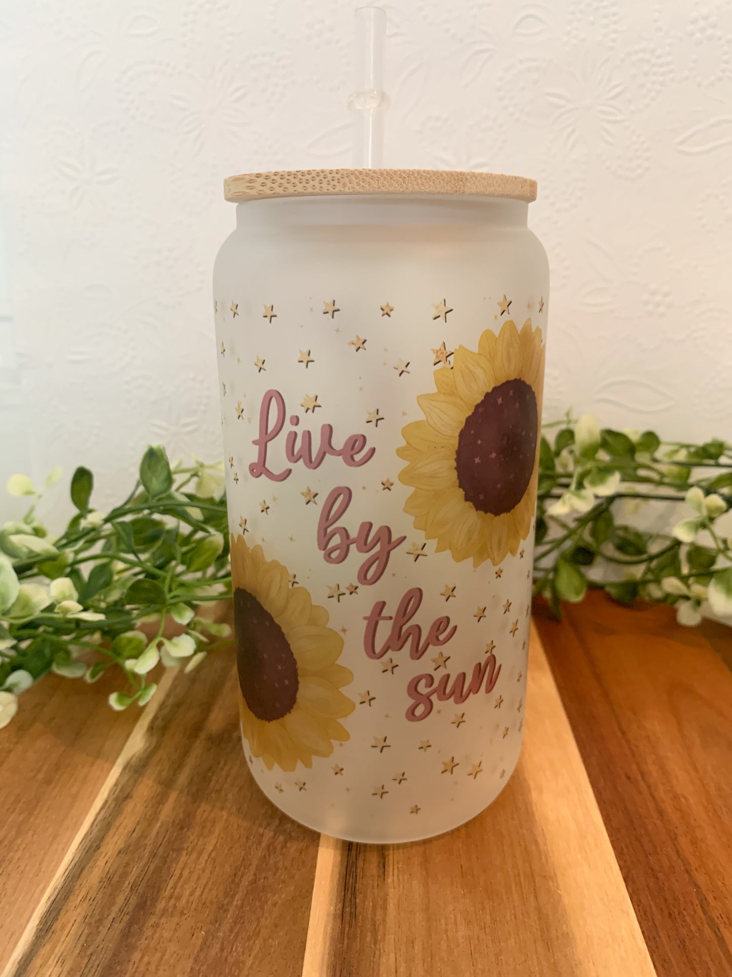 Live By The Sun, Love By The Moon 16 oz. Frosted Glass Tumbler With Reusable Straw