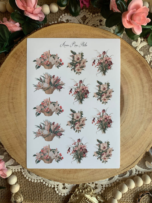 Vintage Flowers in Baskets Sticker Sheet