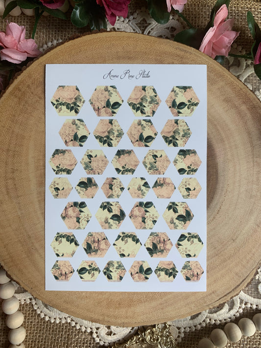 Vintage Floral Pattern Hexagons Sticker Sheet