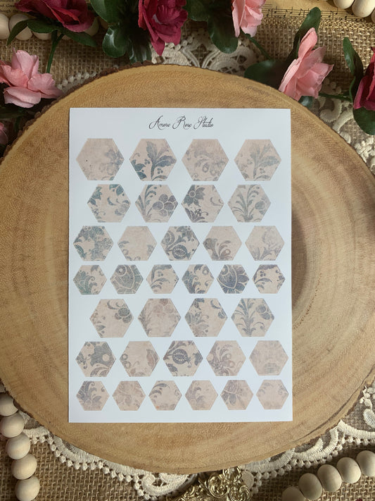 Vintage Blue Pattern Hexagons Sticker Sheet