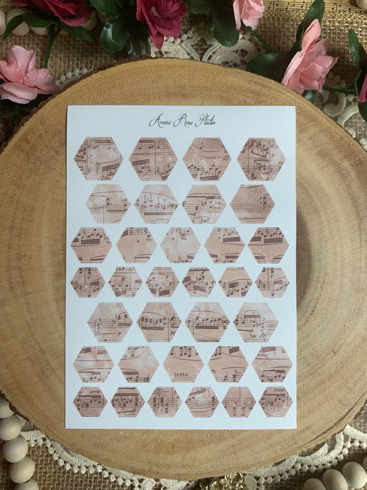 Vintage Music Notes Hexagons Sticker Sheet