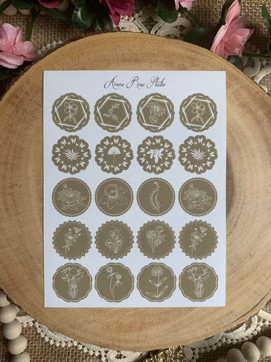 Green Or Brown Floral Shapes Sticker Sheet