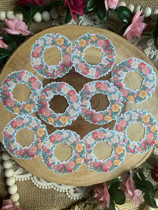 Vintage Floral Wreath Die Cut Stickers - 10 Pack