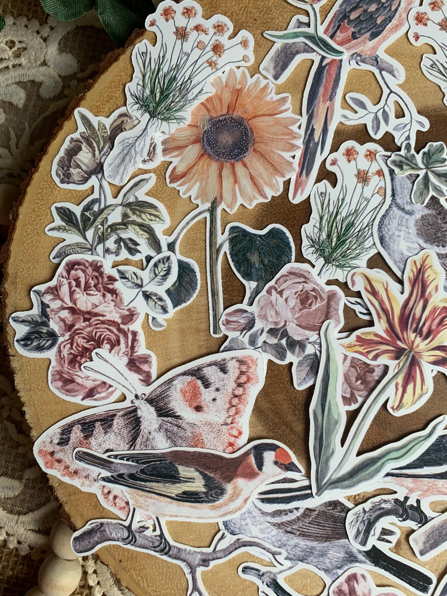 Vintage Birds & Flowers Die Cut Stickers - 35 Pack
