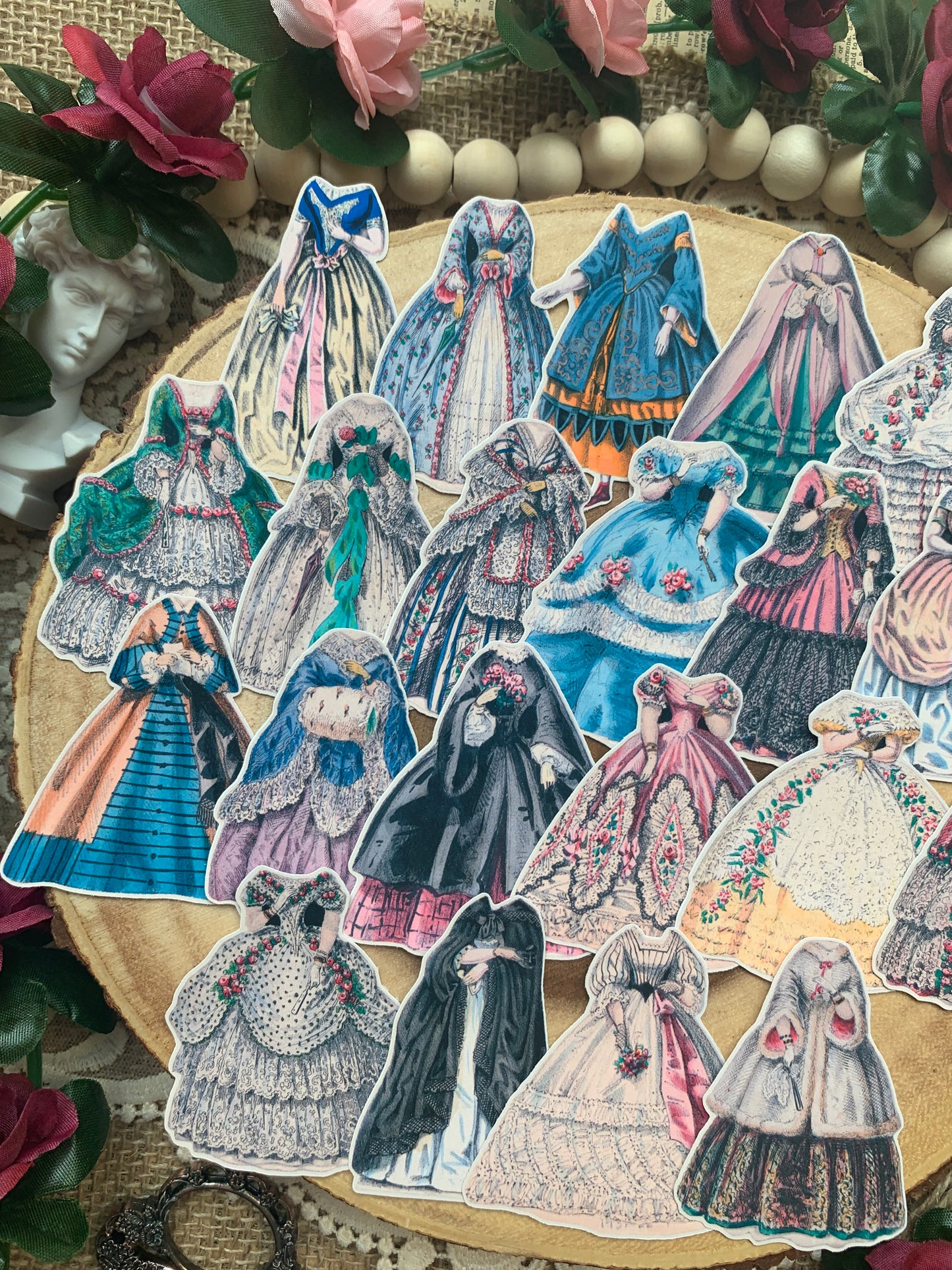 Vintage Paper Doll Outfits Die Cut Stickers - 22 Pack