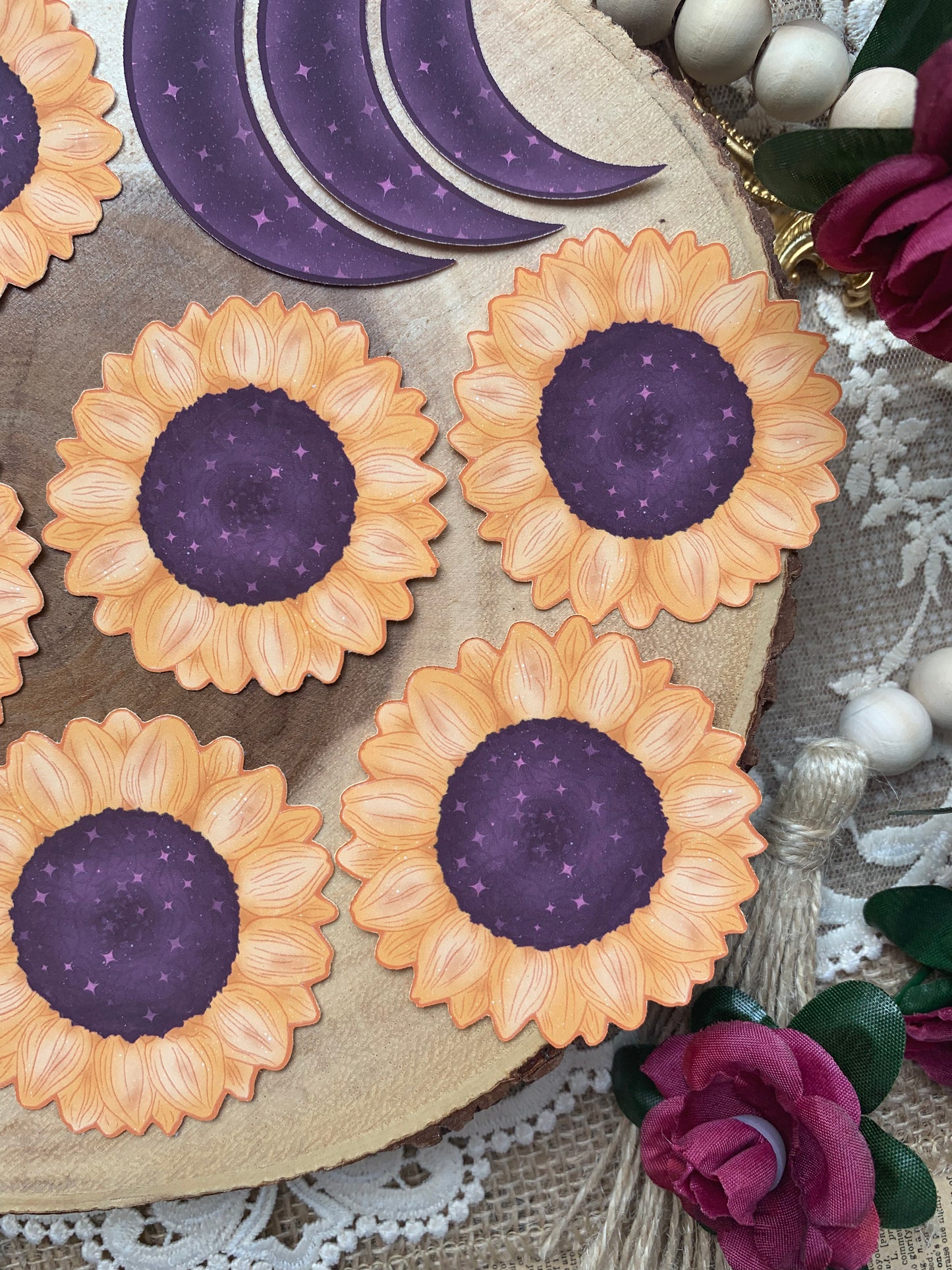 Sunflowers & Moons With Stars Die Cut Stickers - 14 Pack