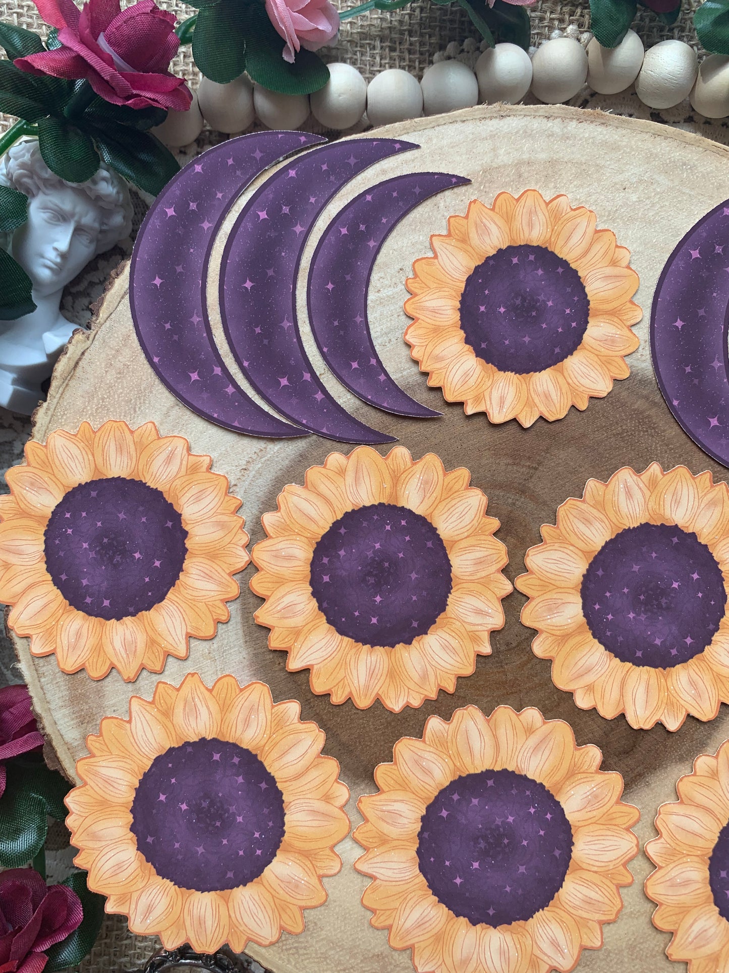 Sunflowers & Moons With Stars Die Cut Stickers - 14 Pack