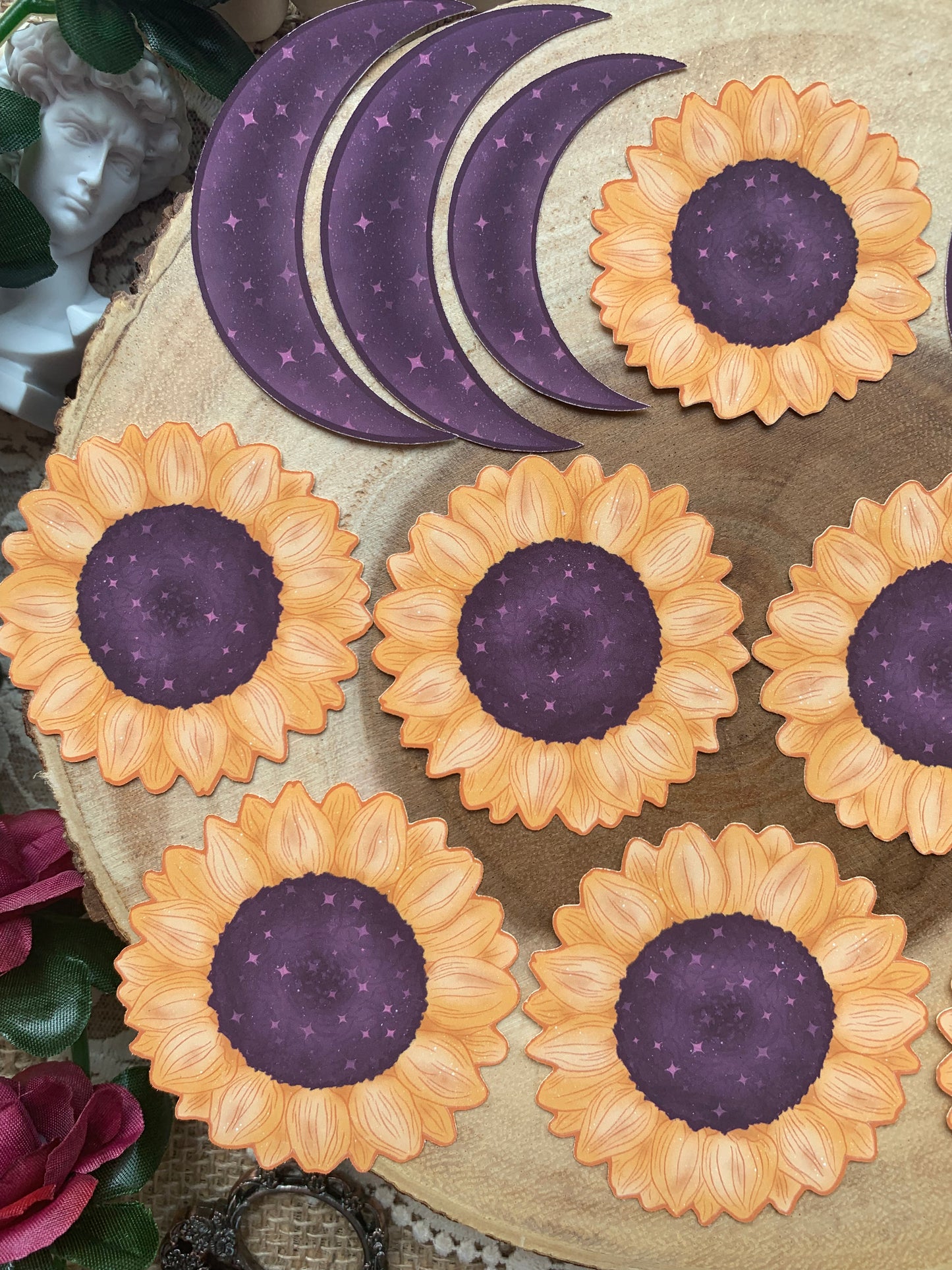 Sunflowers & Moons With Stars Die Cut Stickers - 14 Pack