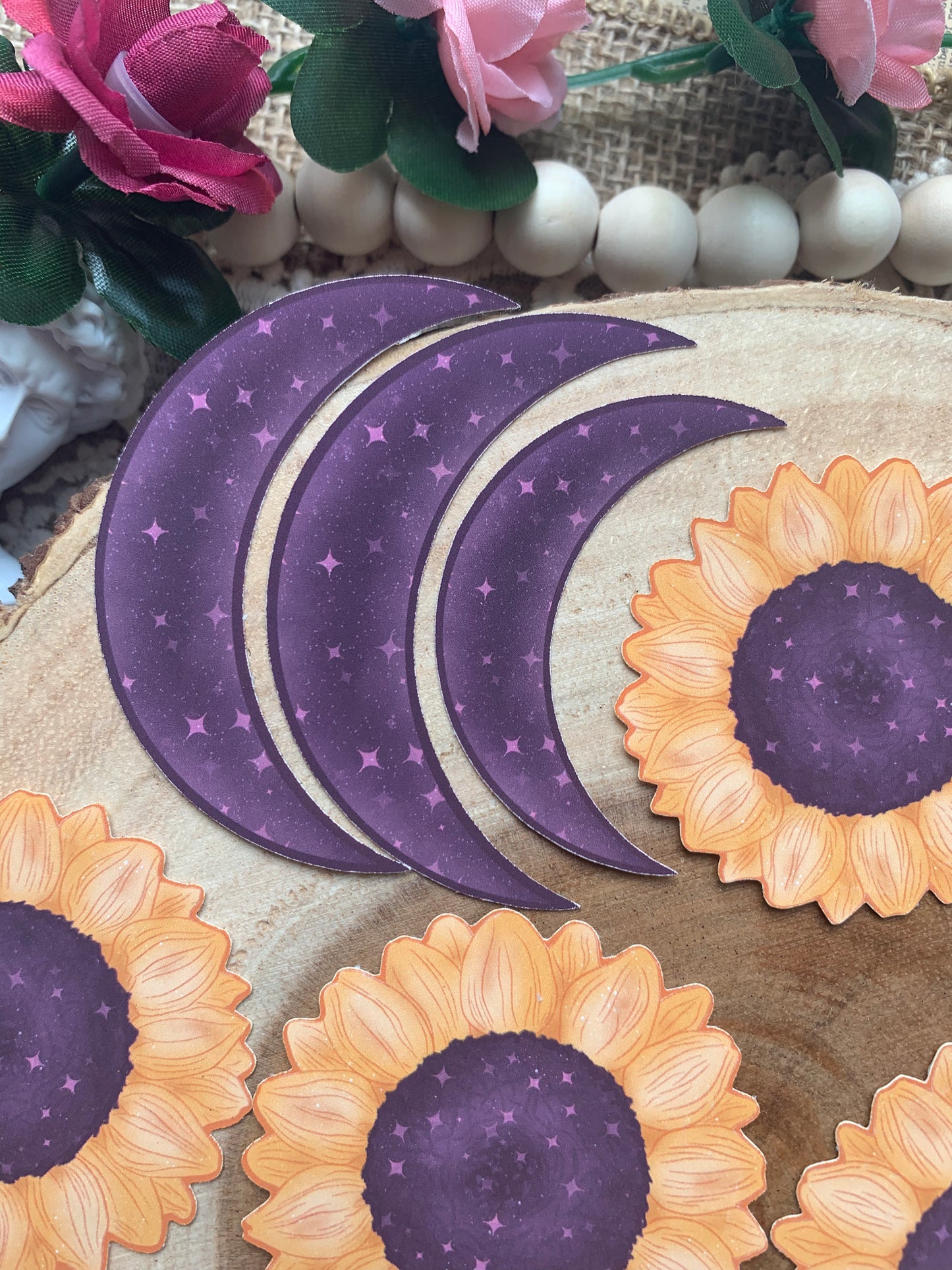 Sunflowers & Moons With Stars Die Cut Stickers - 14 Pack